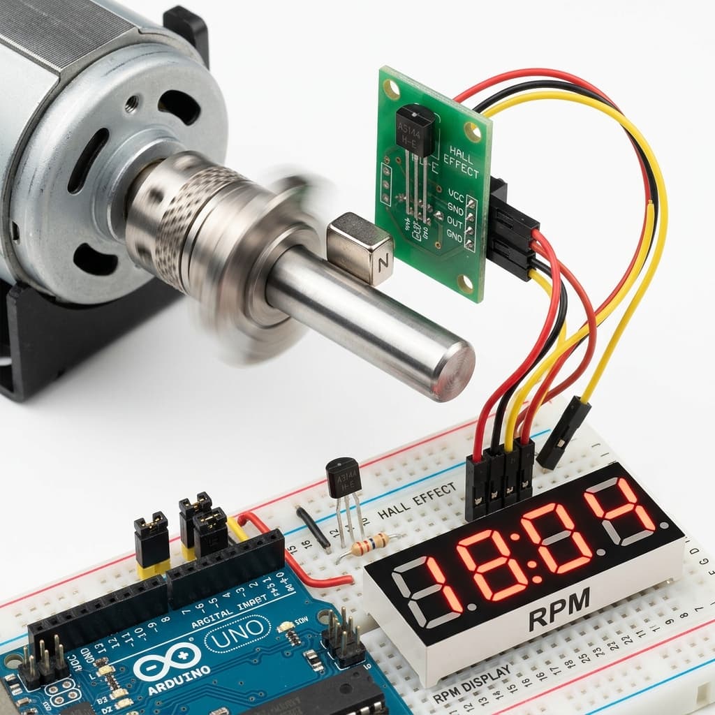 Macro photograph of a digital RPM tachometer measuring motor spin speed using a A3144 Hall Effect sensor and a magnet on a spinning shaft