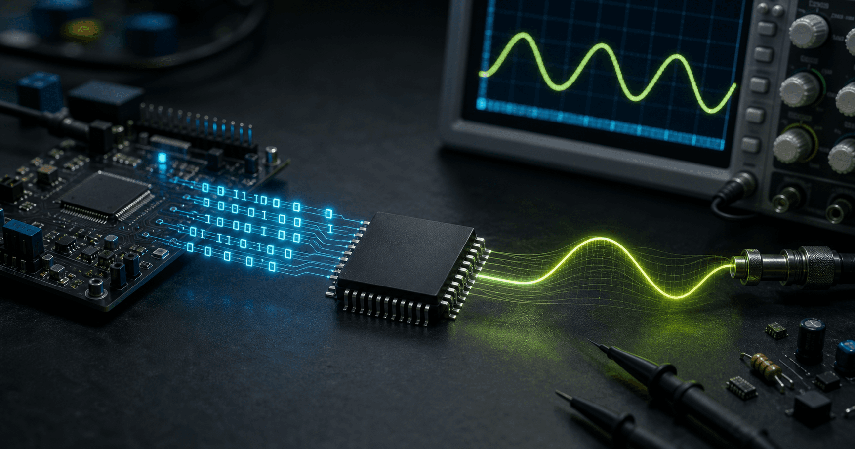 Digital binary code feeding a DAC block that outputs a smooth analog voltage waveform