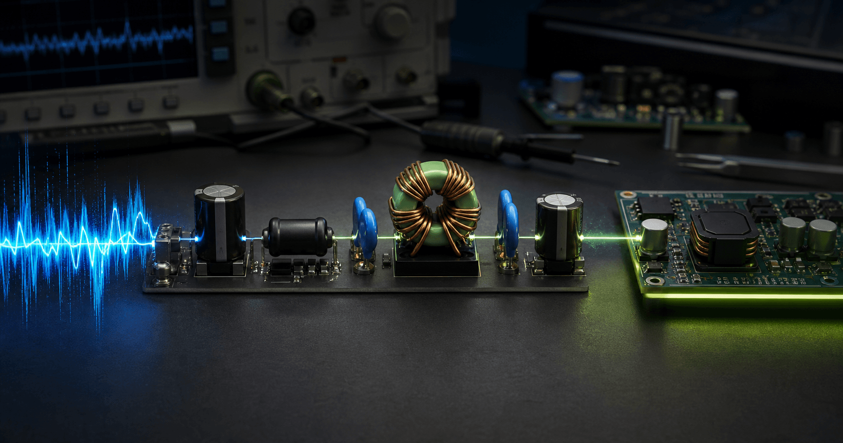 EMI filter chain showing ferrite bead, capacitors, common mode choke and noisy switching converter waveform
