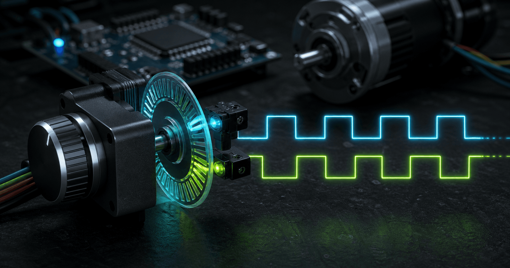 Rotary encoder producing quadrature A and B waveforms with phase difference showing direction