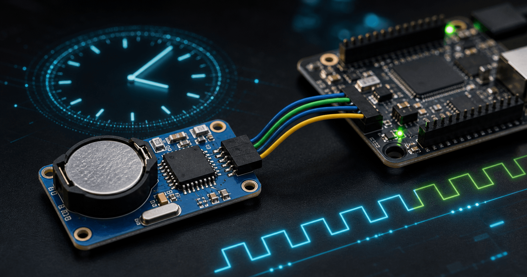 DS3231 real time clock module with coin cell backup connected to an I2C microcontroller bus