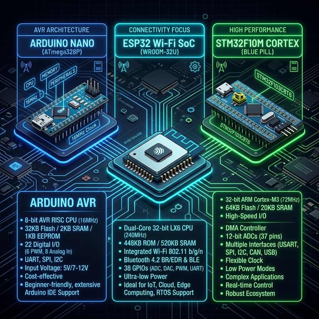 Comparing Arduino AVR, dual core ESP32, and high precision STM32 microcontrollers side by side