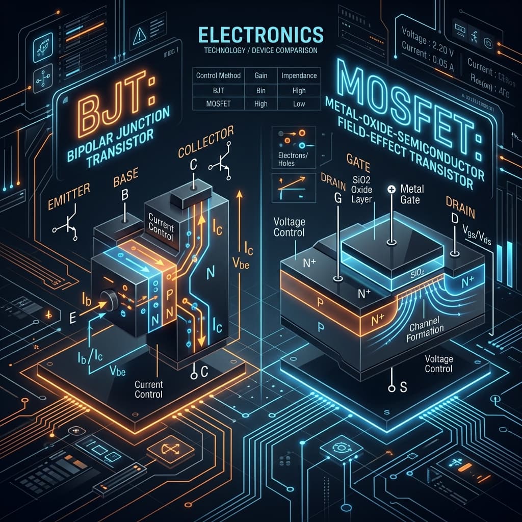 BJT vs MOSFET structural logic highlighting base current control vs gate charge control principles