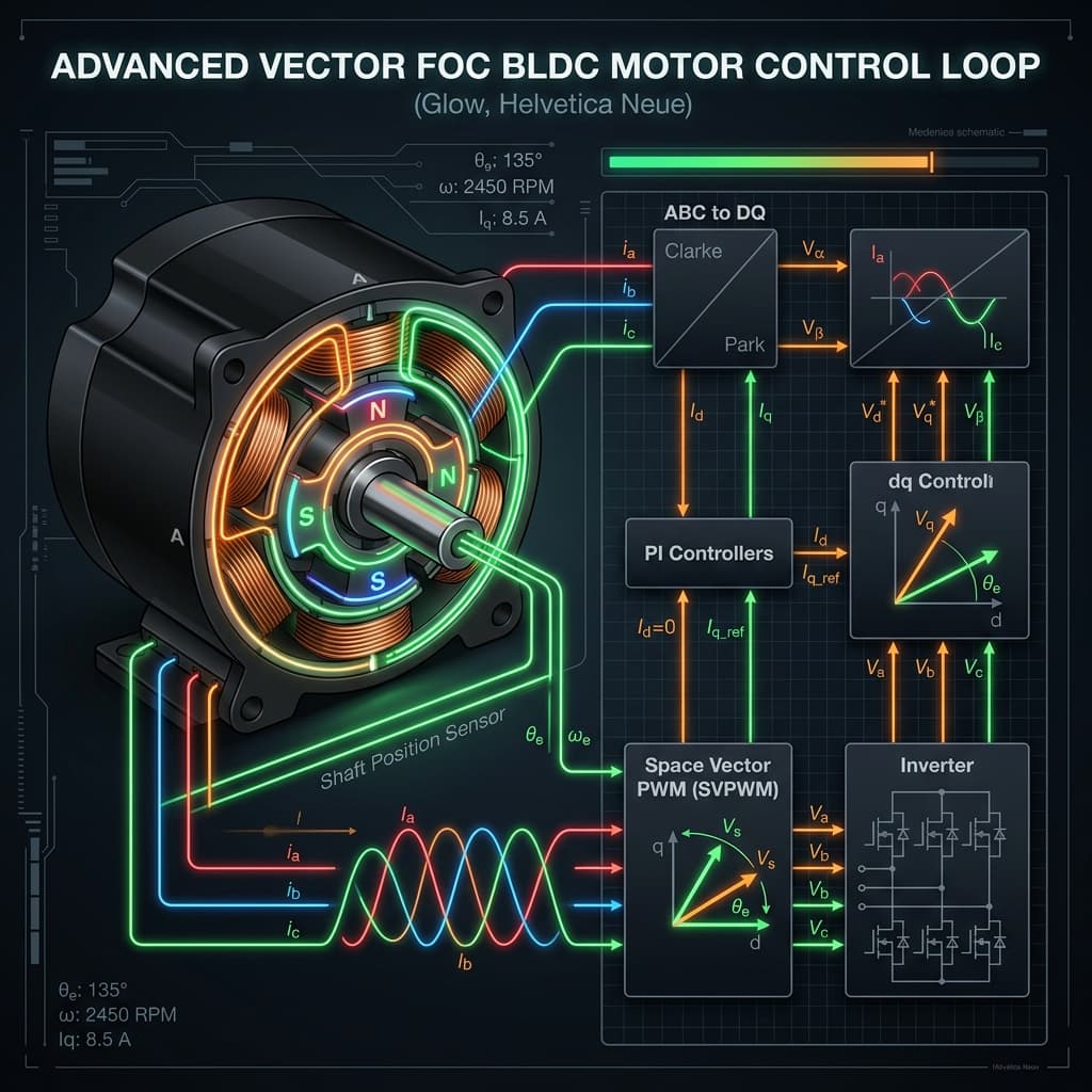 FOC block diagram showing phase current sense inputs, coordinate transforms, PID current loops, and Space Vector PWM outputs