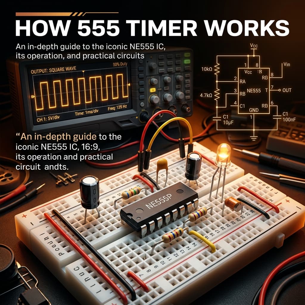 NE555 timer IC chip on breadboard with timing resistors and capacitors showing oscilloscope square wave output in astable mode