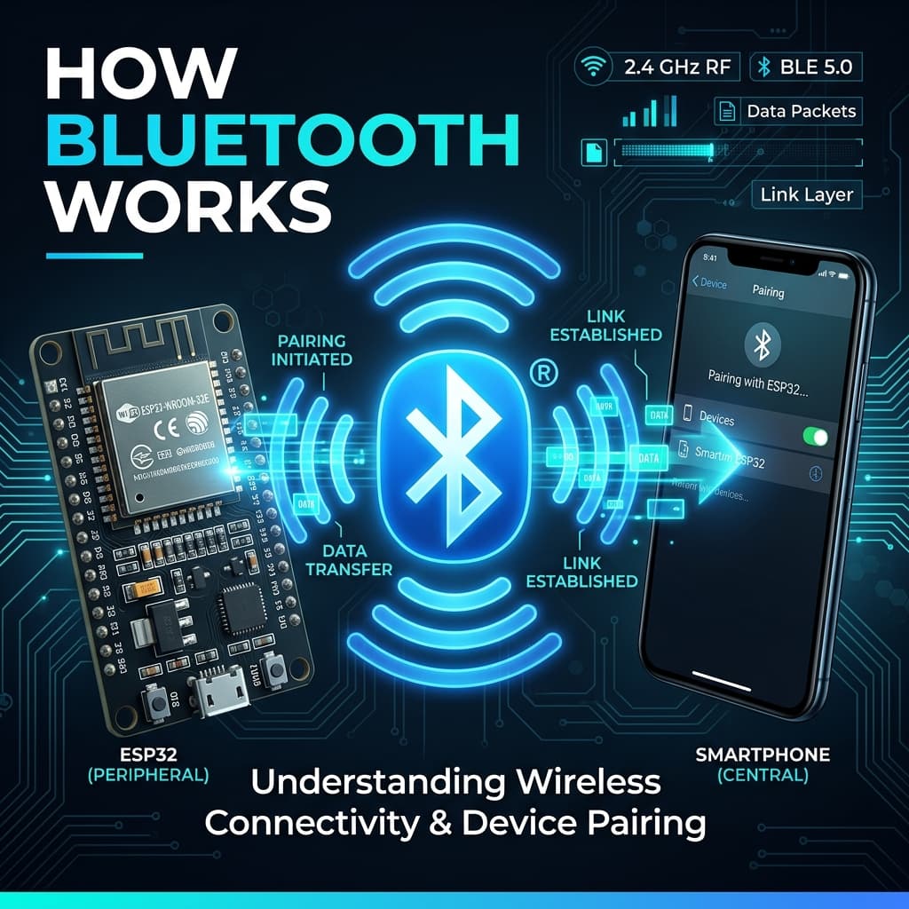Glowing Bluetooth symbol with 2.4 GHz radio waves connecting ESP32 microcontroller to smartphone