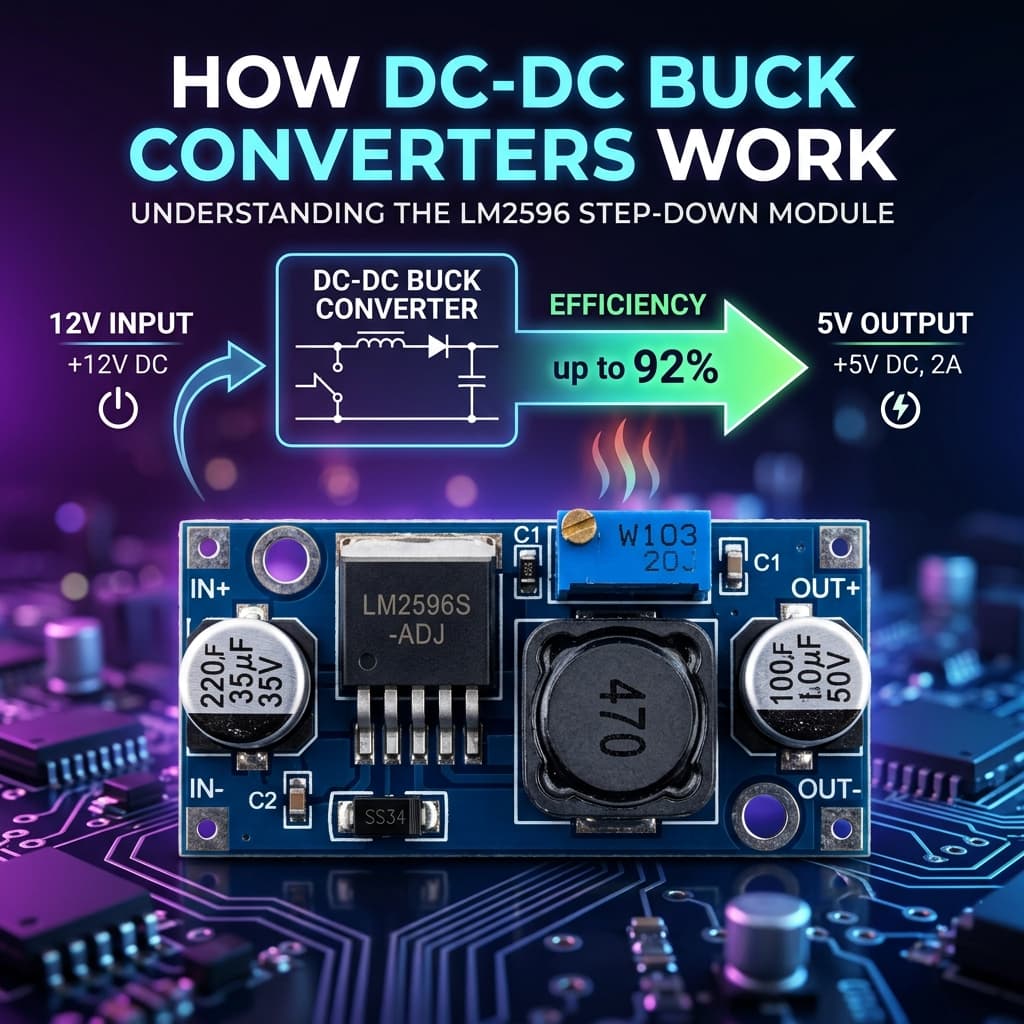 Blue LM2596 step-down buck converter module with inductor capacitors and control IC showing 12V to 5V conversion diagram