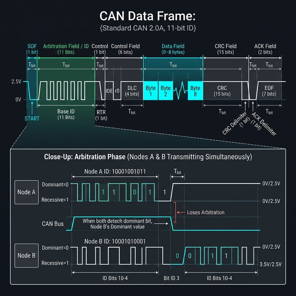 CAN bus standard 11-bit data frame structure diagram detailing SOF, Arbitration, Control, Data, CRC, ACK, and EOF fields