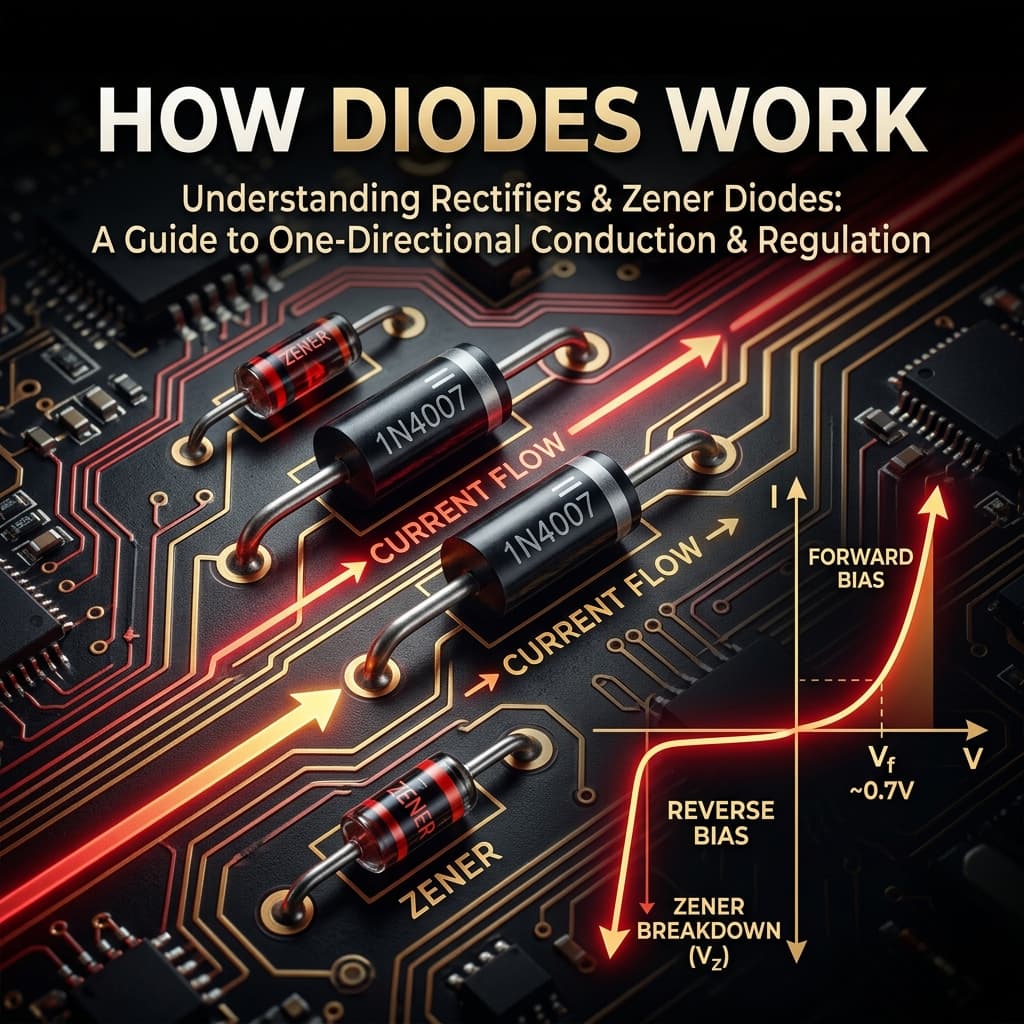 1N4007 rectifier diodes and Zener diodes arranged on PCB with IV characteristic curve showing forward bias knee and reverse breakdown