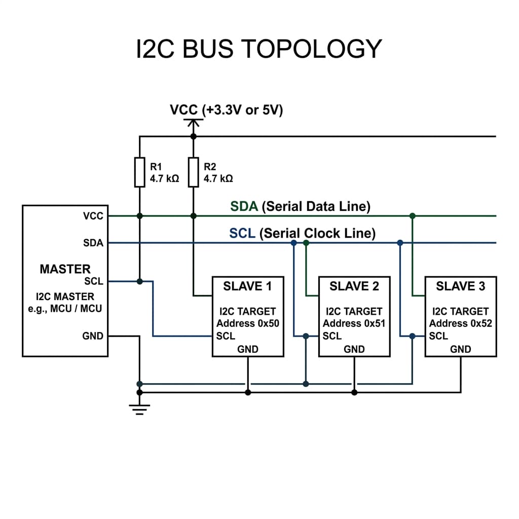 I2C bus topology diagram showing a single Master and multiple Slaves connected in parallel to SDA and SCL lines, highlighting mandatory pull-up resistors to VCC