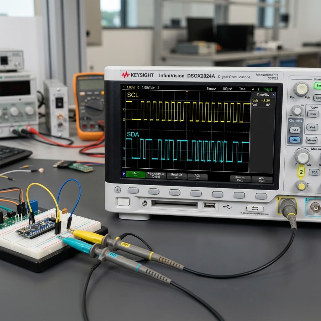 Sharp yellow and cyan waveforms representing SCL and SDA signals on a modern digital oscilloscope screen