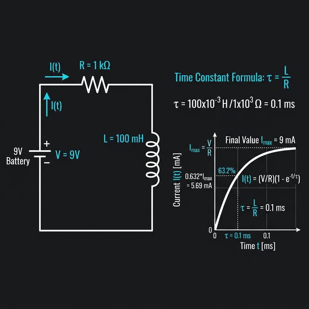 RL circuit schematic showing voltage source, resistor, and inductor in series with exponential current rise graph and time constant τ=L/R formula