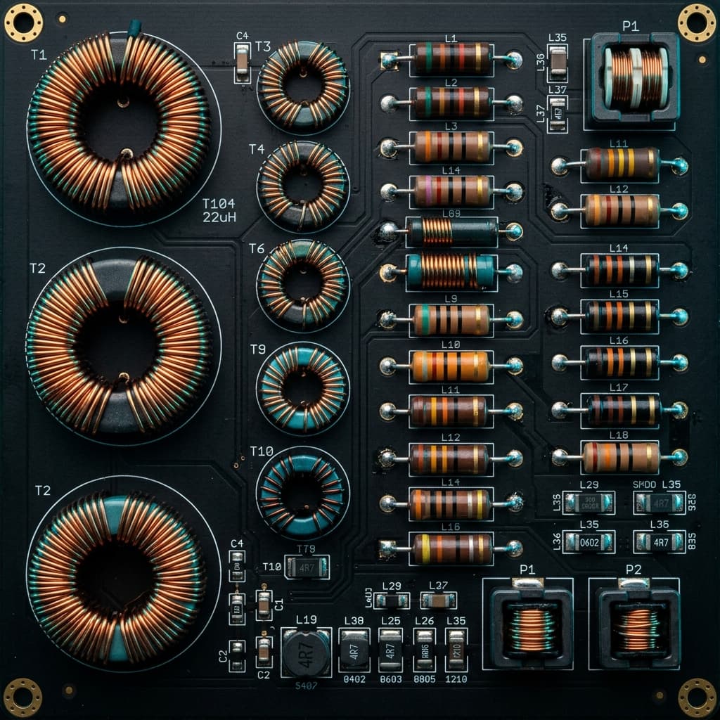 Macro photograph of toroidal and axial inductors arranged on a PCB with visible copper windings