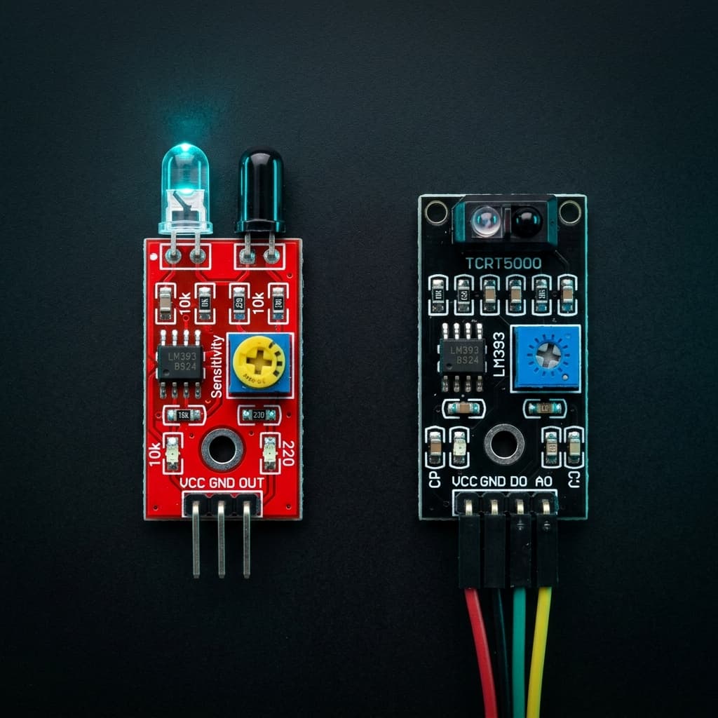 TCRT5000 line following IR sensor array and obstacle detection IR module mounted on a robot chassis