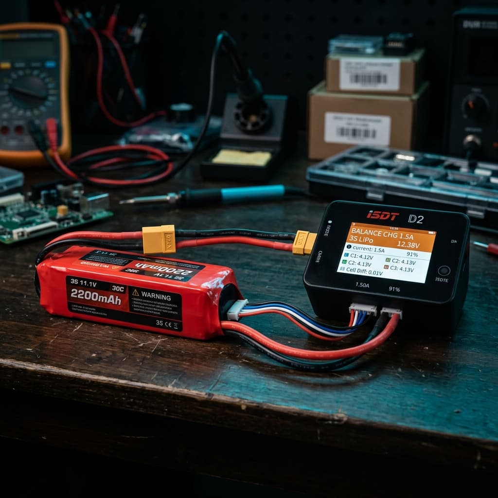 LiPo battery pack with balance lead connected to a balance charger showing individual cell voltages on display