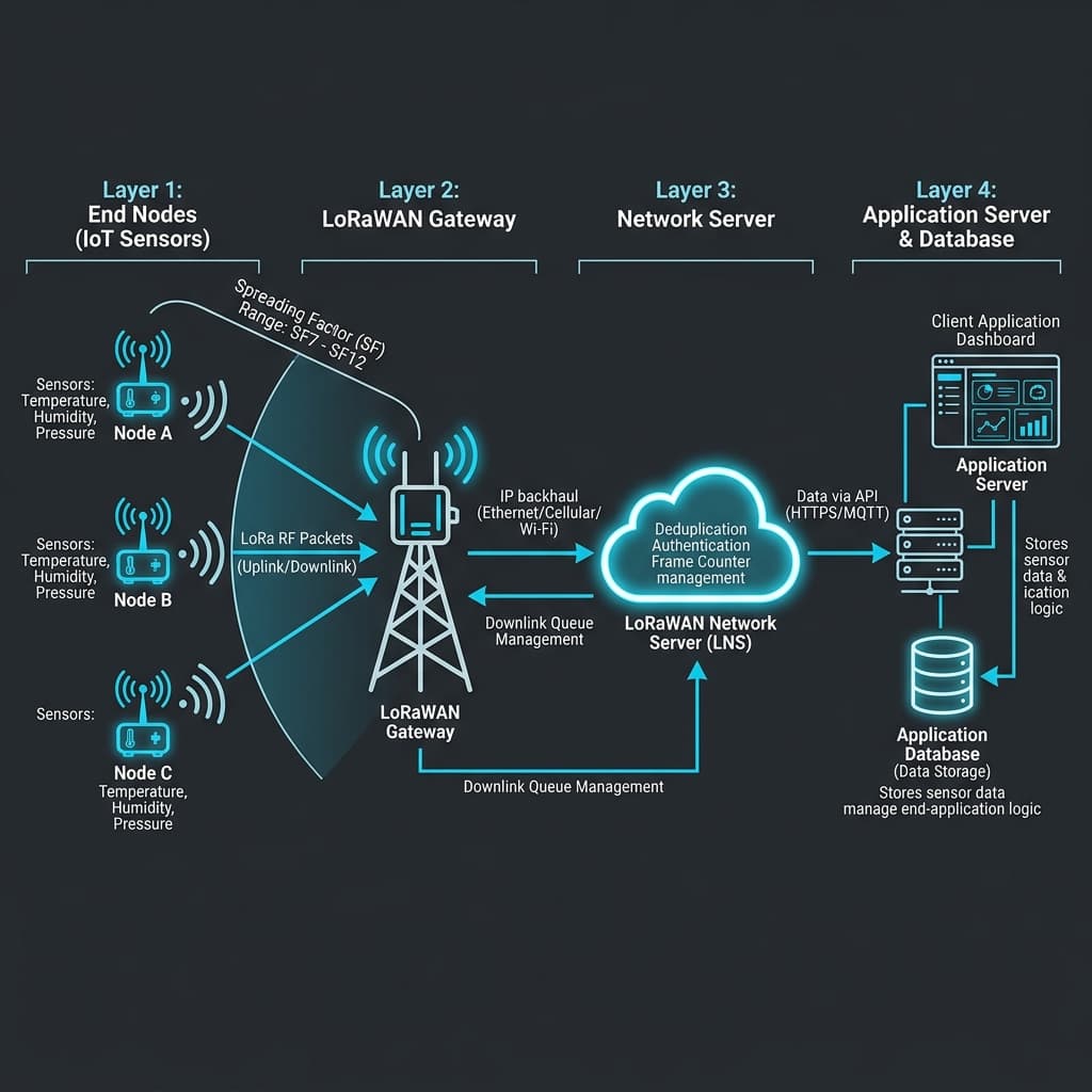 LoRaWAN network architecture diagram showing End Devices, Gateways, Network Server, and Application Server layers
