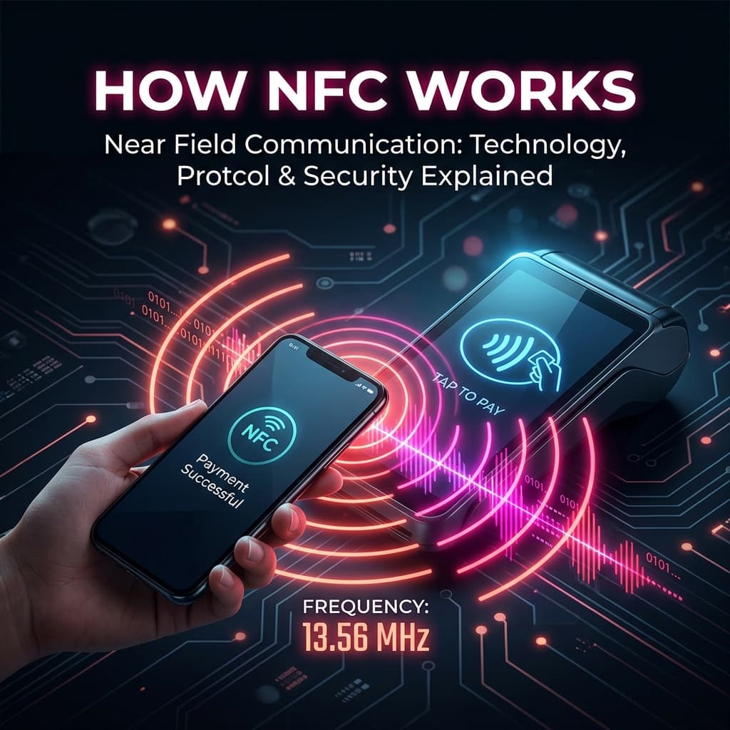 Smartphone tapping contactless NFC payment terminal showing 13.56 MHz electromagnetic field visualization and contactless wireless symbol