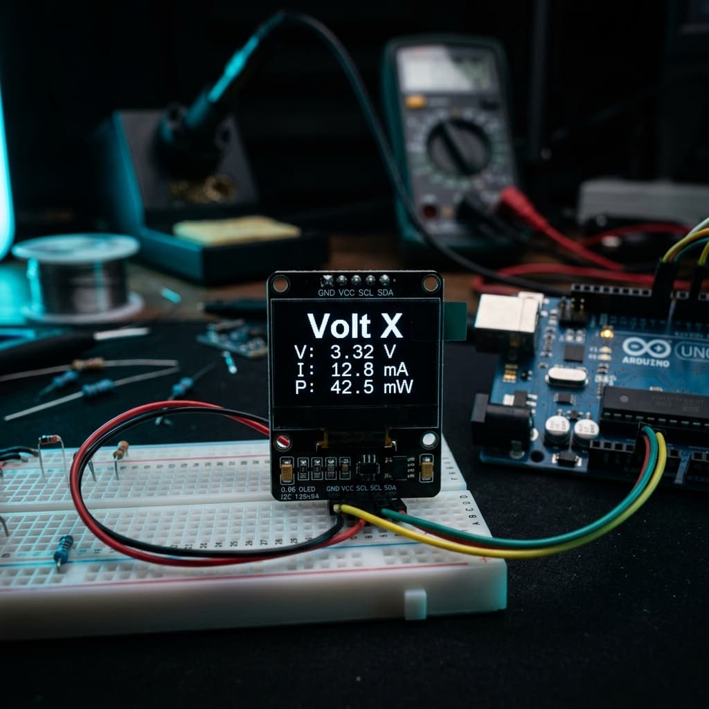 0.96 inch SSD1306 OLED display on a breadboard connected to Arduino showing white text on a pitch-black background