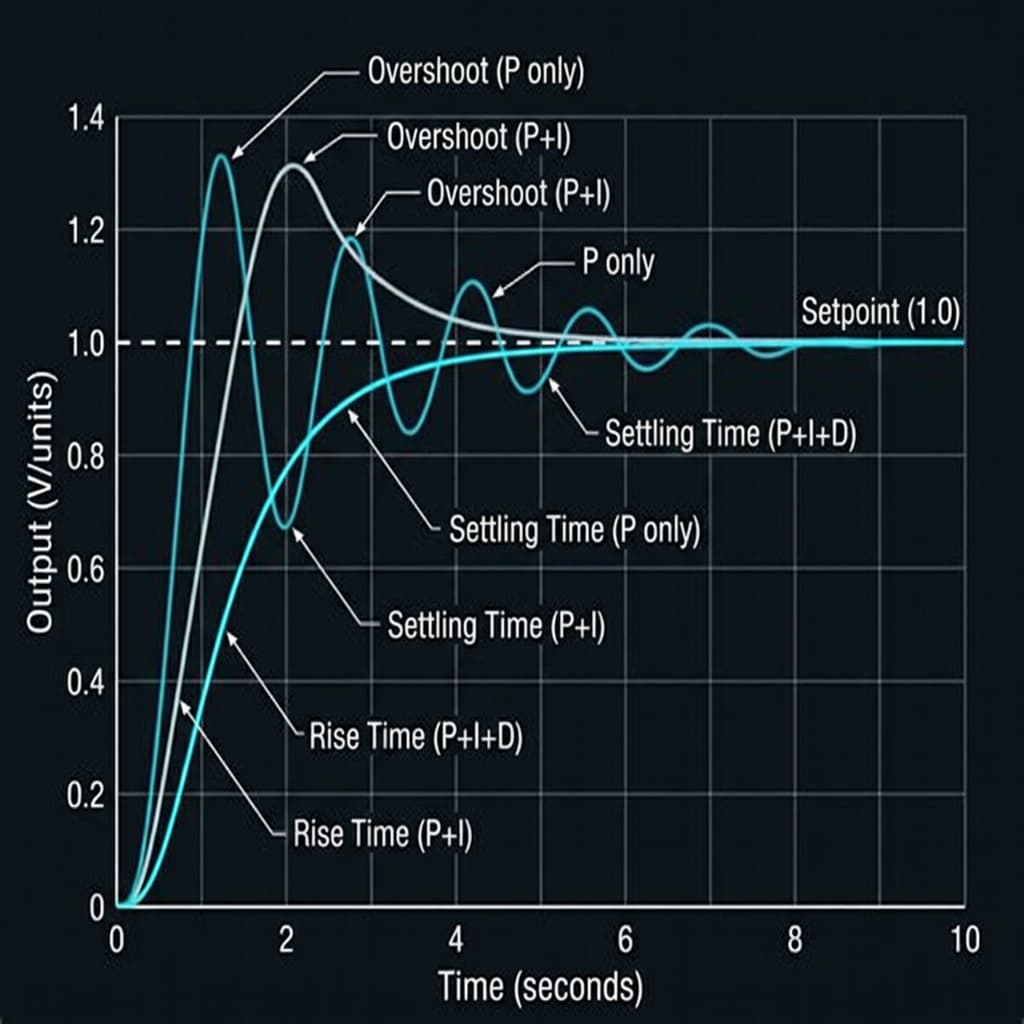 PID step response graph showing P-only oscillation, P+I overshoot, and P+I+D smooth settling curves