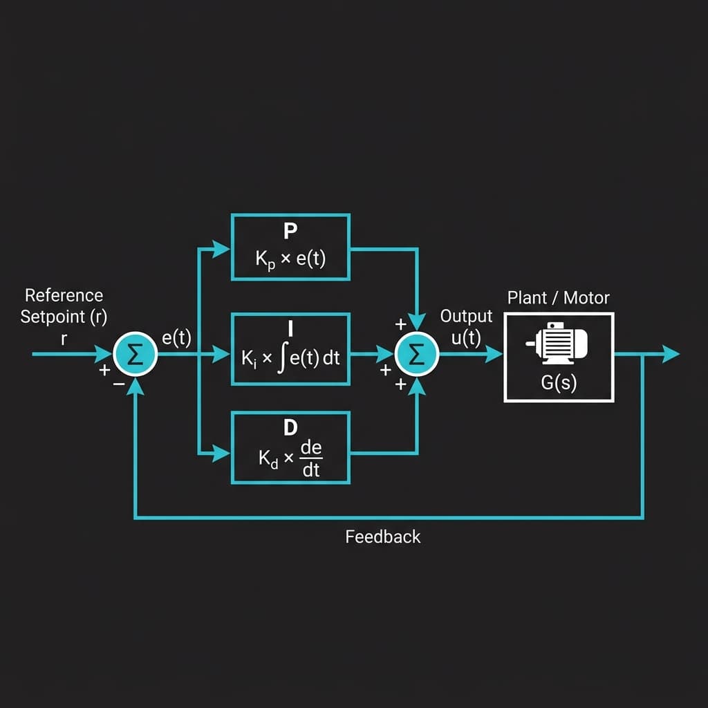 PID control loop block diagram showing setpoint, error calculation, PID gains, and feedback