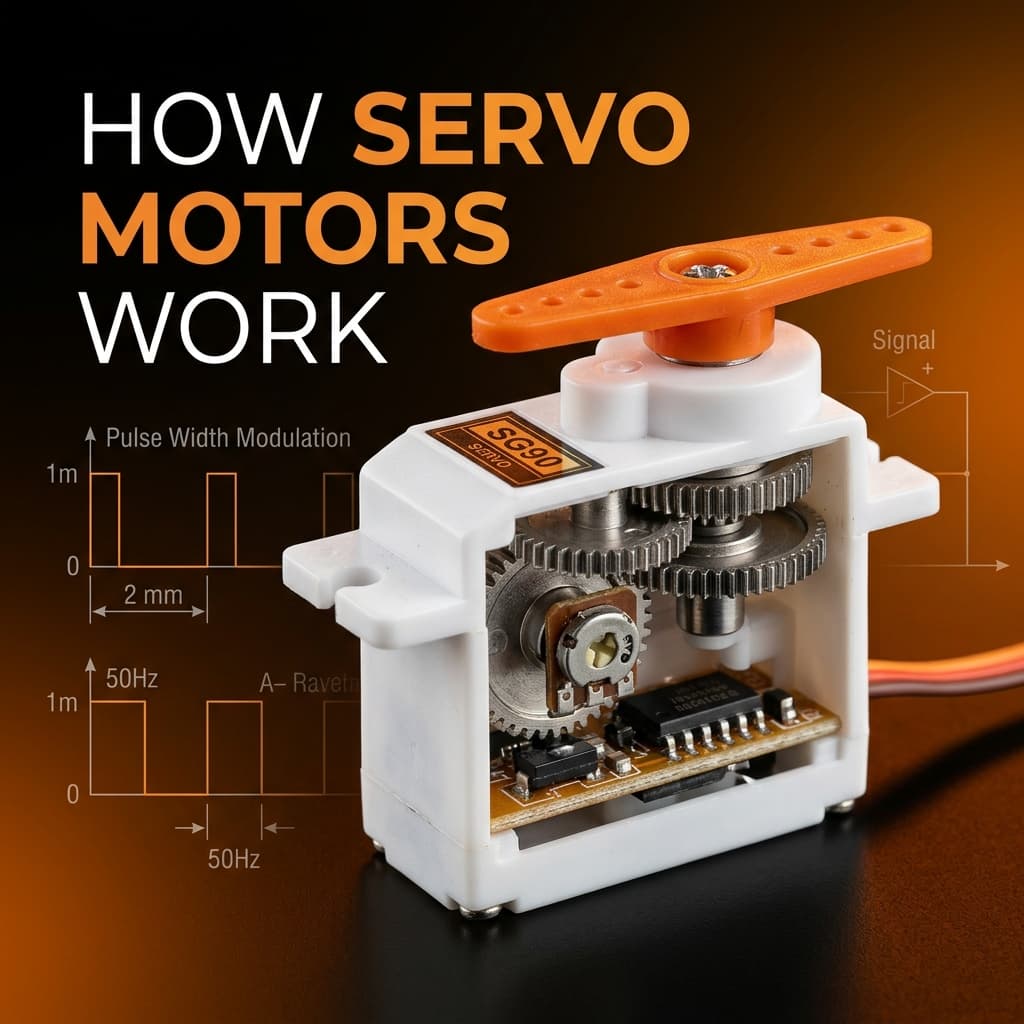 SG90 micro servo motor with orange control horn showing internal gear train potentiometer and PWM waveform diagram