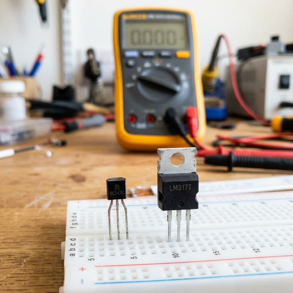 NPN and PNP transistor circuit symbols with Base, Collector, and Emitter terminals labeled