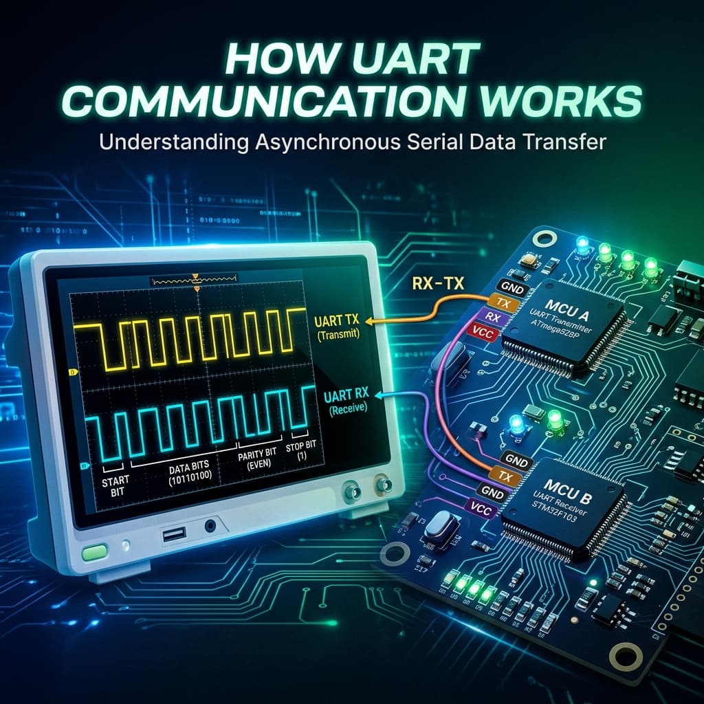Digital oscilloscope display showing UART TX and RX waveforms with start bit 8 data bits parity bit and stop bit labeled