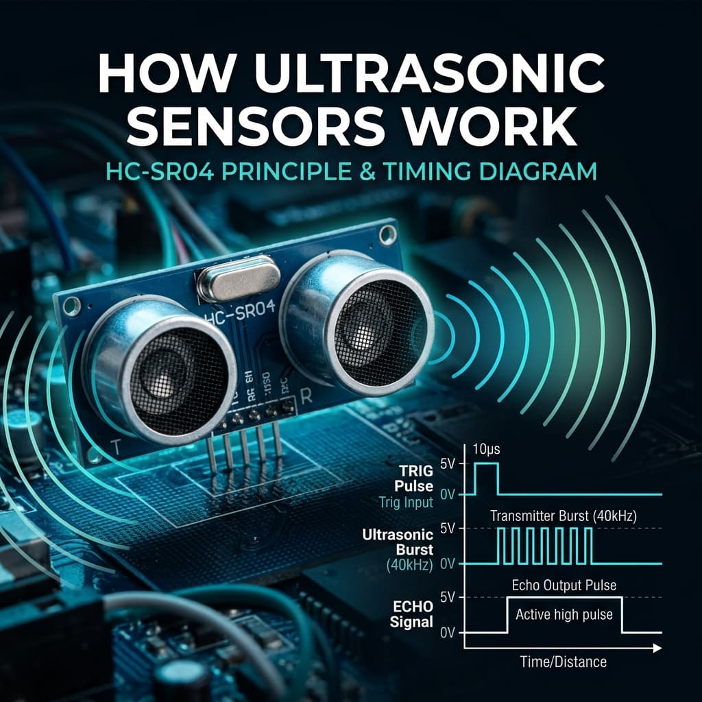 HC-SR04 ultrasonic sensor module with two transducer eyes and concentric sound wave circles showing Trig and Echo signal timing diagram