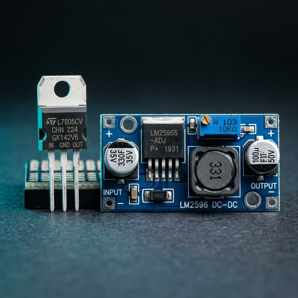 L7805 TO-220 linear regulator alongside a blue LM2596 adjustable buck converter module with output voltage potentiometer