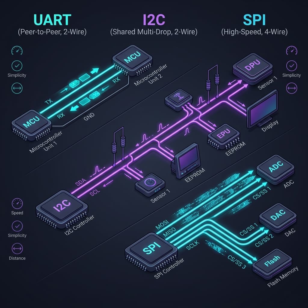 Serial protocols shootout: comparing peer-to-peer UART, bus multi-drop I2C, and high-speed star SPI topologies